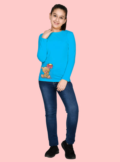 Nusyl Girls Sky Blue Teddy Bear Printed Full Sleeve T-shirt