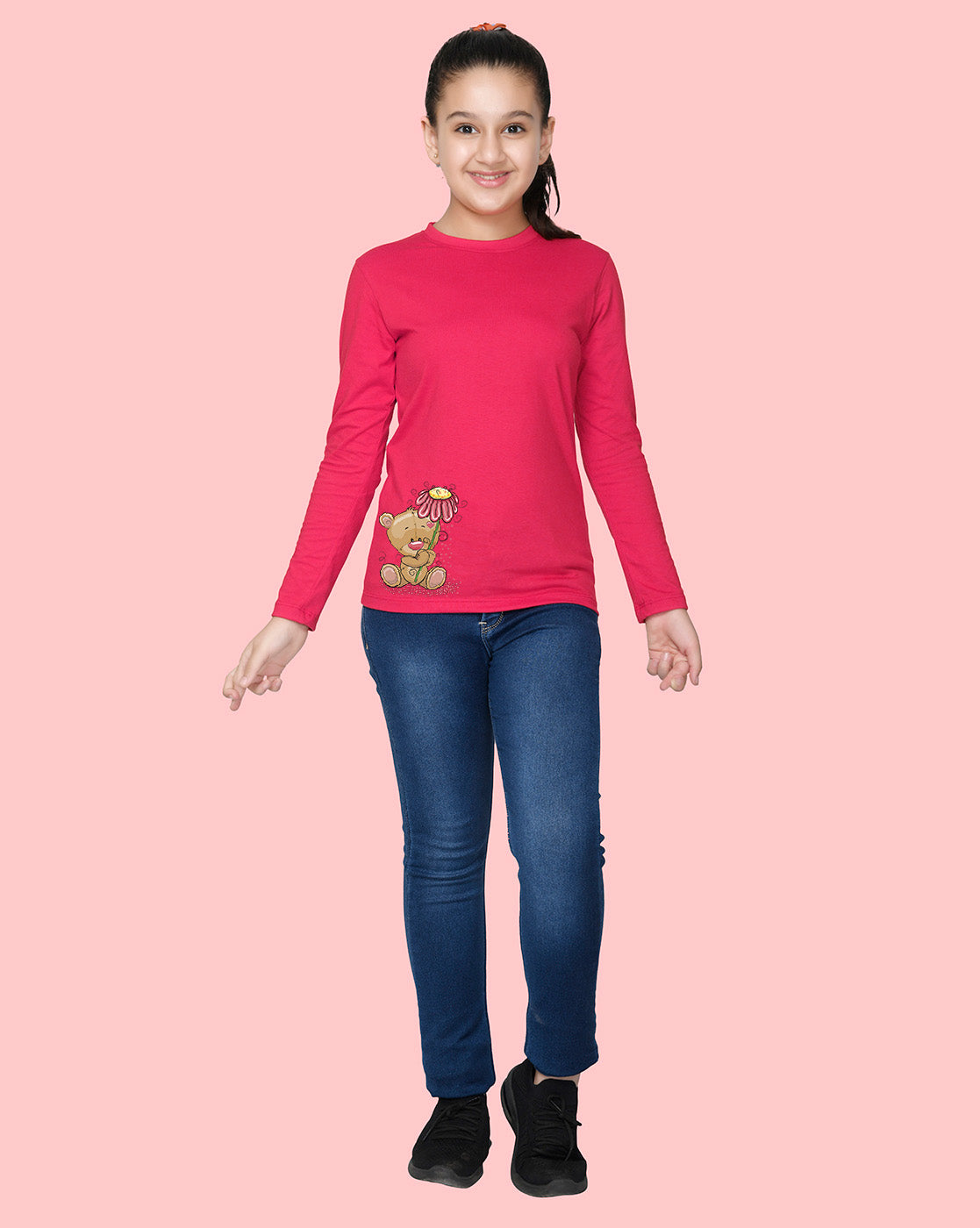 Nusyl Girls Hot Pink Teddy Bear Printed Full Sleeve T-shirt