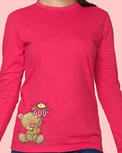 Nusyl Girls Hot Pink Teddy Bear Printed Full Sleeve T-shirt