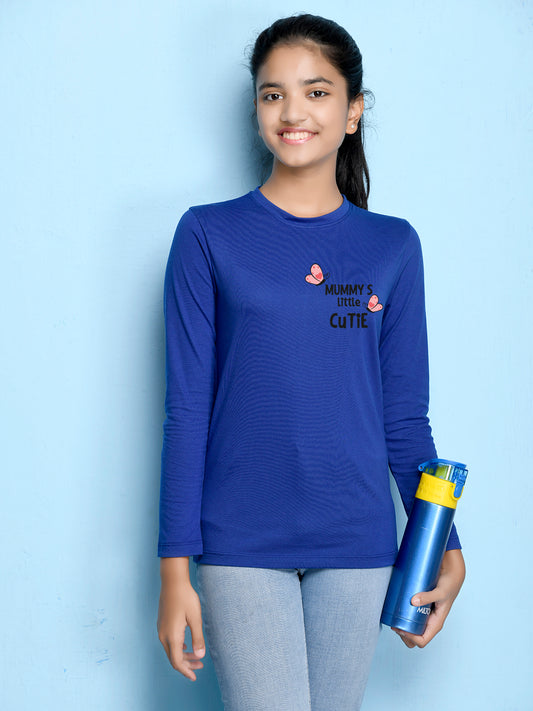 Royal Blue Text Printed Girls T-shirt