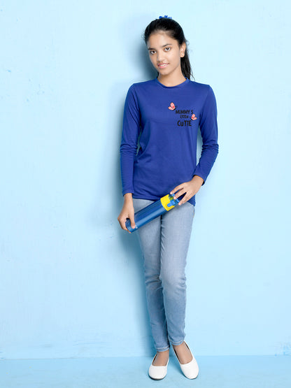 Royal Blue Text Printed Girls T-shirt