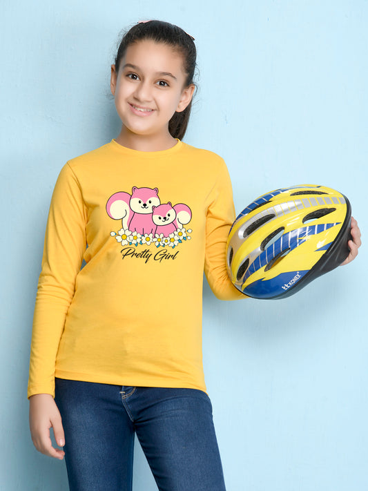 Yellow Animal Printed Girls T-shirt