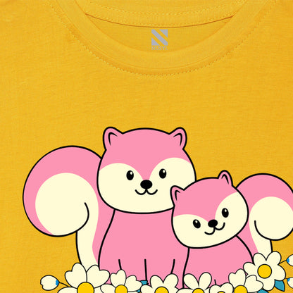 Yellow Animal Printed Girls T-shirt