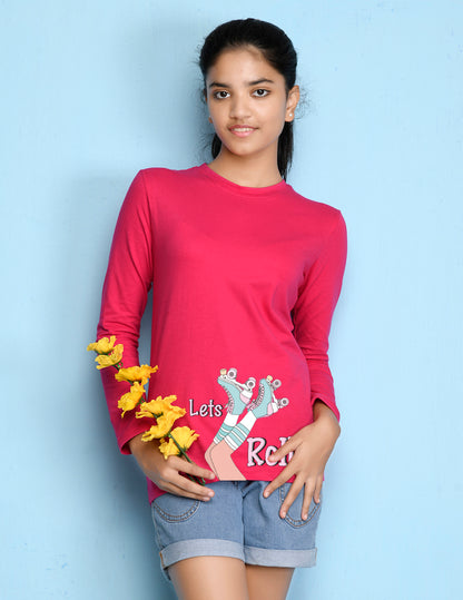 Hot Pink Cartoon Printed Girls T-shirt