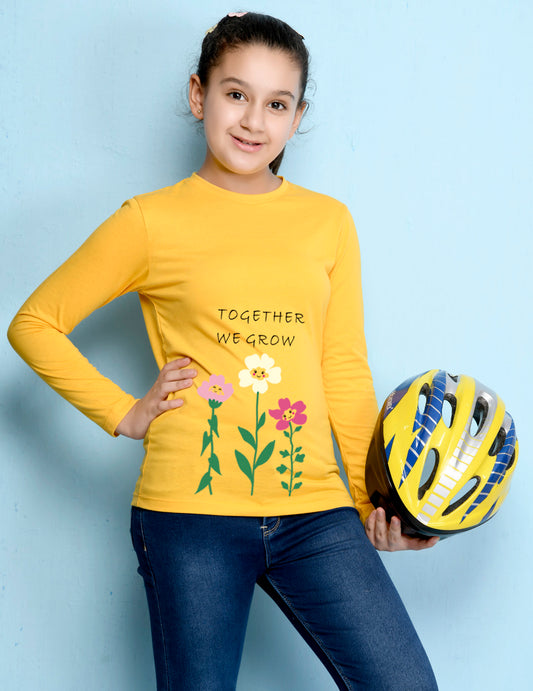 Yellow Cartoon Printed Girls T-shirt