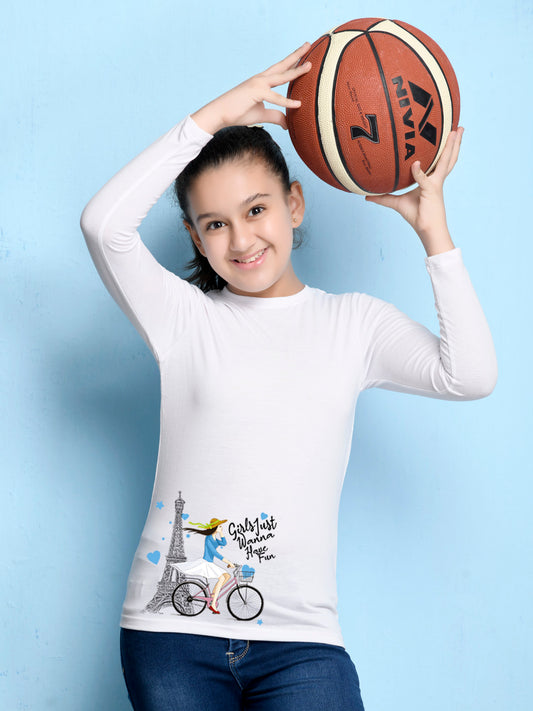 White Cartoon Printed Girls T-shirt