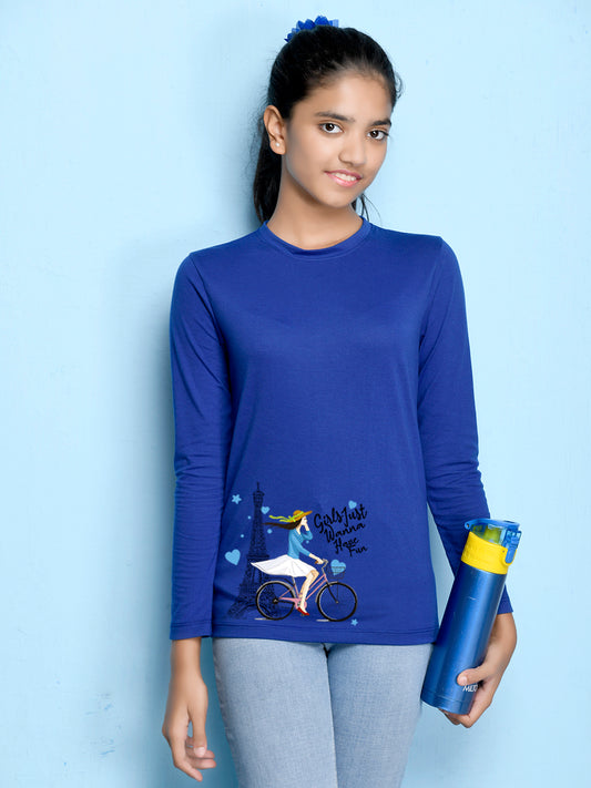 Royal Blue Cartoon Printed Girls T-shirt
