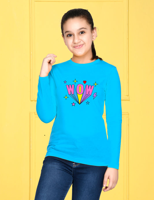 Sky Blue Text Printed Girls T-shirt
