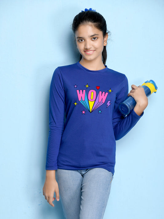 Royal Blue Text Printed Girls T-shirt
