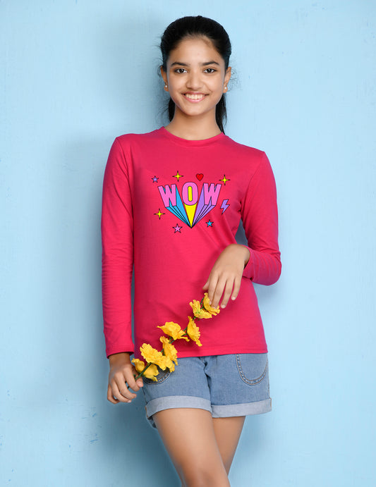 Hot Pink Text Printed Girls T-shirt