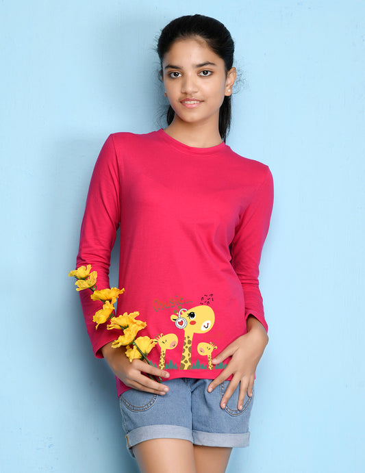Hot Pink Animal Printed Girls T-shirt