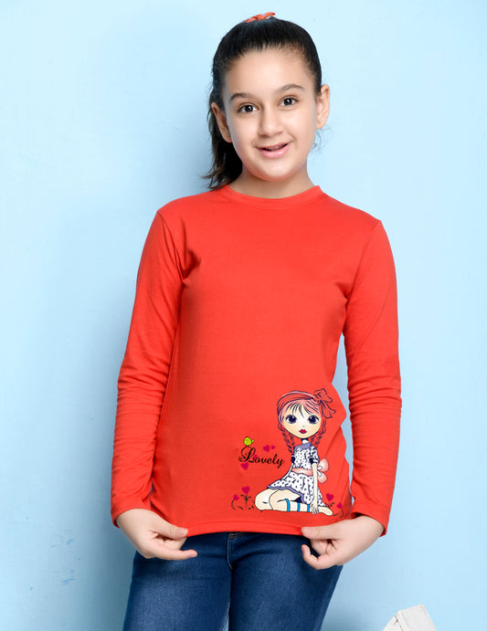 Red Cartoon Printed Girls T-shirt