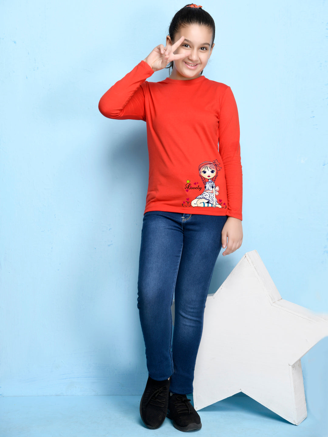 Red Cartoon Printed Girls T-shirt