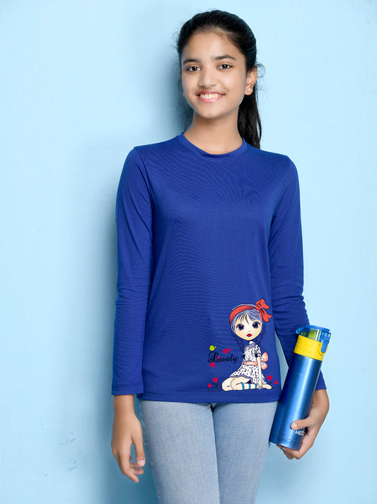 Royal Blue Cartoon Printed Girls T-shirt