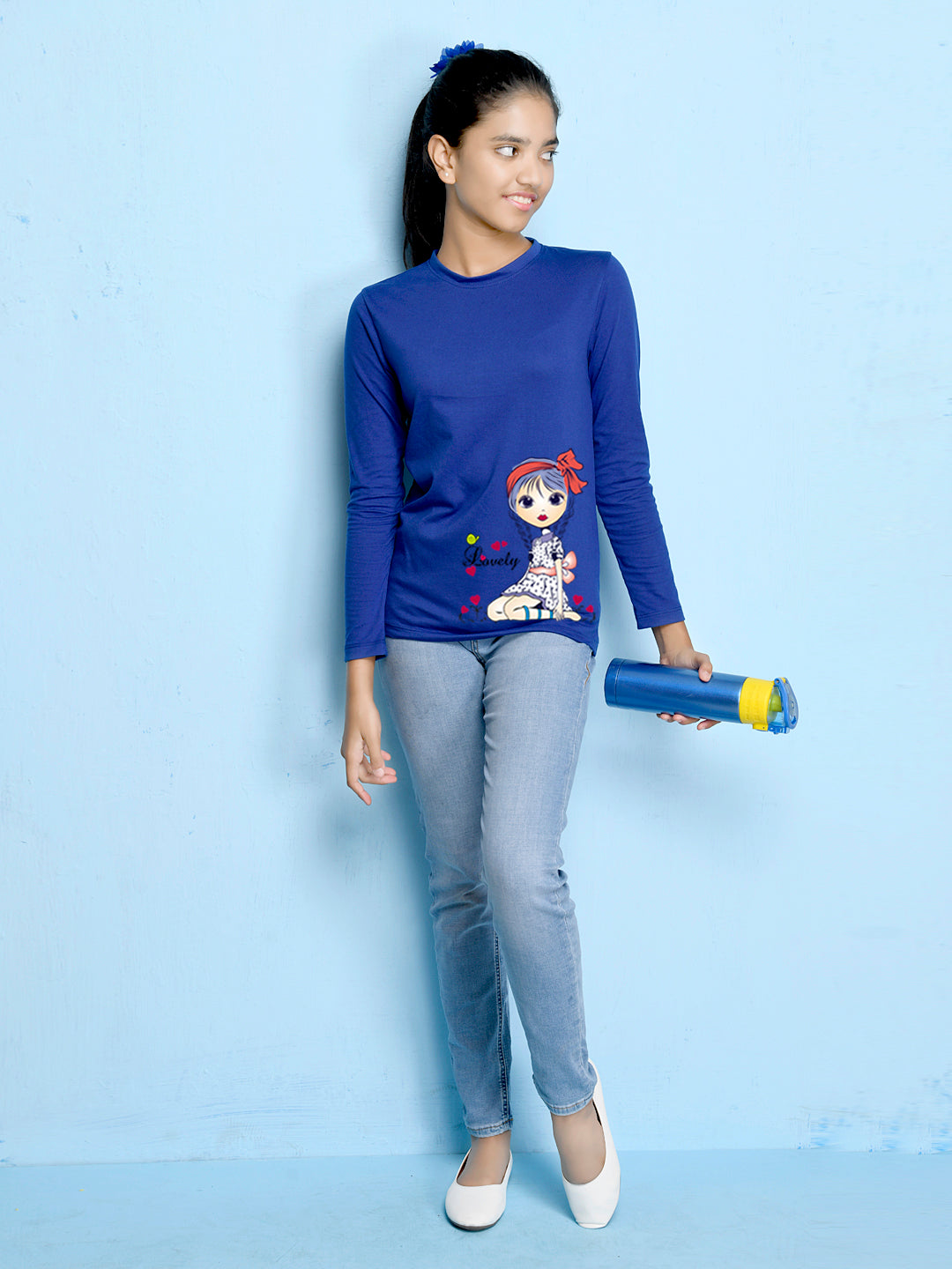 Royal Blue Cartoon Printed Girls T-shirt