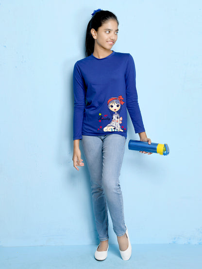 Royal Blue Cartoon Printed Girls T-shirt