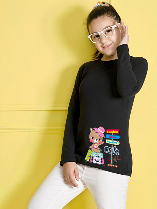 Black CartoonBlack Printed Girls T-shirt