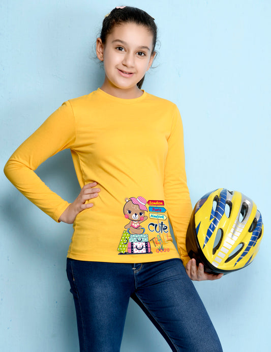 Yellow Cartoon Printed Girls T-shirt