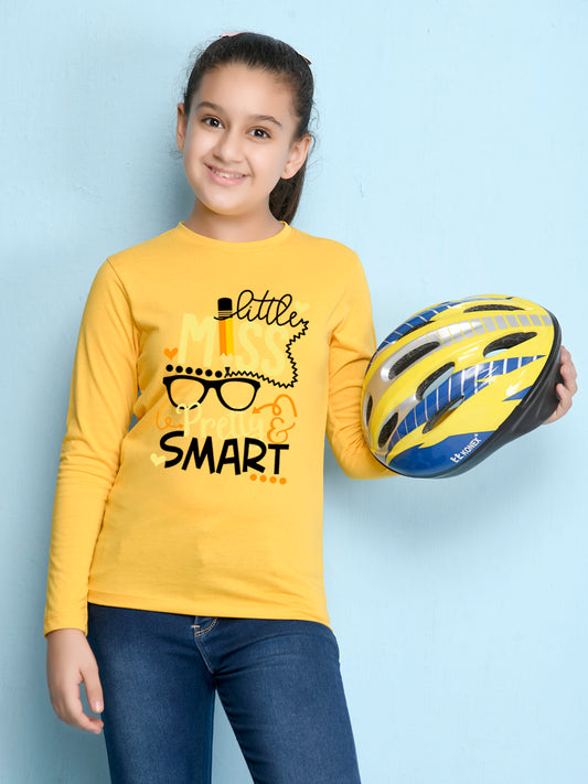 Yellow Text Printed Girls T-shirt