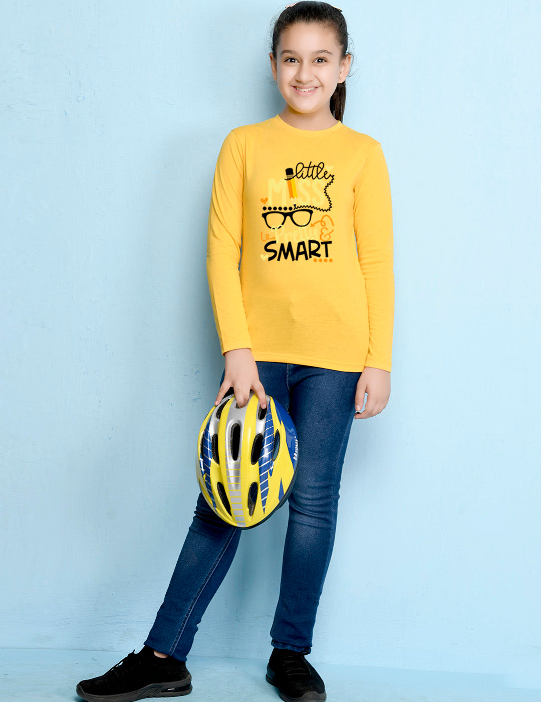 Yellow Text Printed Girls T-shirt