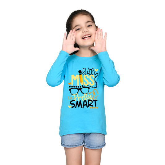 Sky Blue Text Printed Girls T-shirt