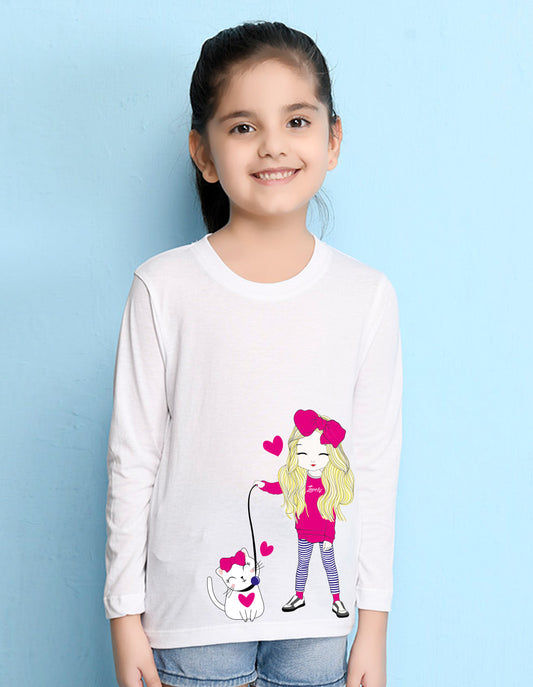 NUSYL Cotton blend full sleeves Cute Girl & Cute cat  Printed Tee-White