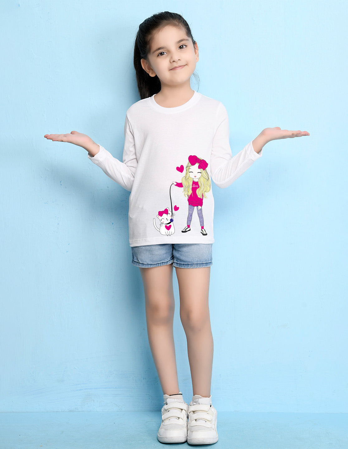 NUSYL Cotton blend full sleeves Cute Girl & Cute cat  Printed Tee-White