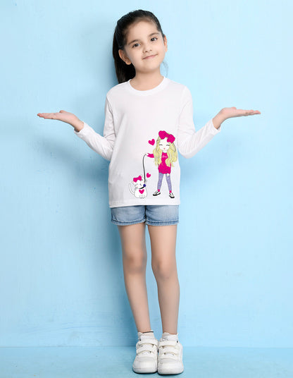NUSYL Cotton blend full sleeves Cute Girl & Cute cat  Printed Tee-White