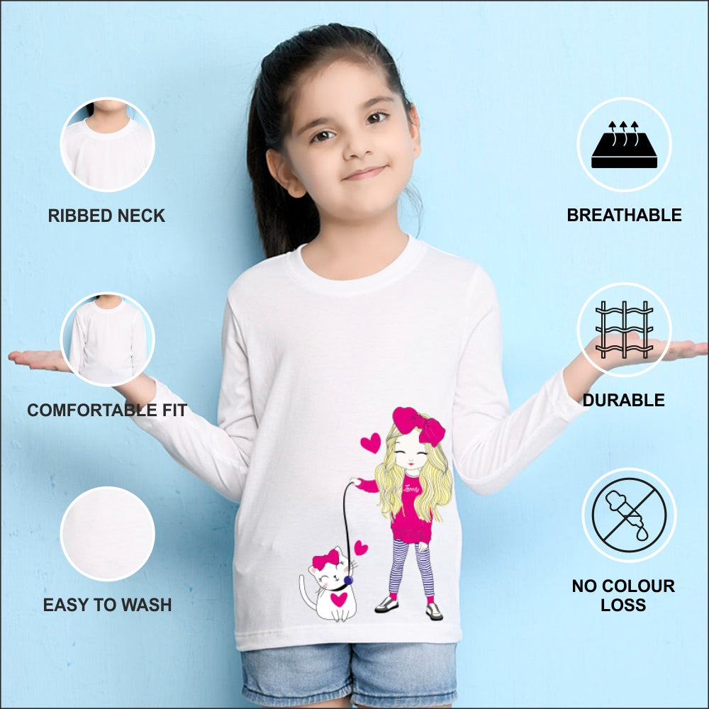 NUSYL Cotton blend full sleeves Cute Girl & Cute cat  Printed Tee-White