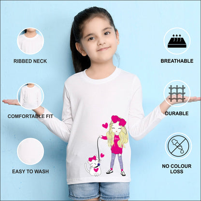 NUSYL Cotton blend full sleeves Cute Girl & Cute cat  Printed Tee-White
