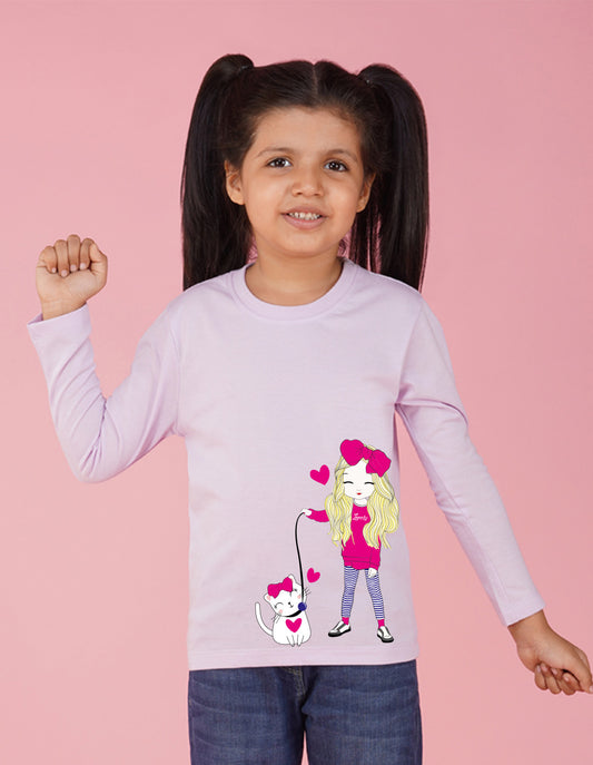 NUSYL Cotton blend full sleeves Cute Girl & Cute cat  Printed Tee-Lilac
