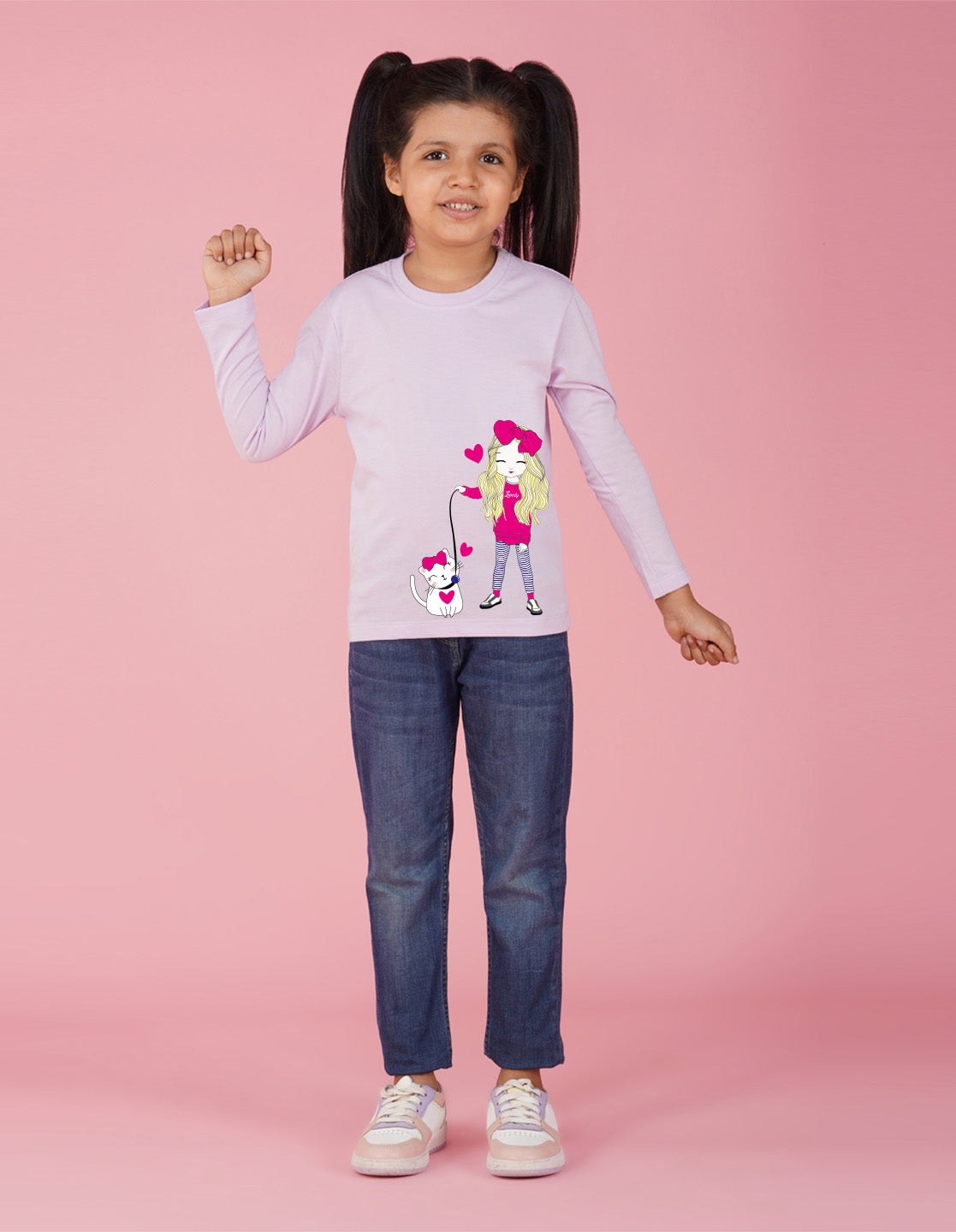 NUSYL Cotton blend full sleeves Cute Girl & Cute cat  Printed Tee-Lilac
