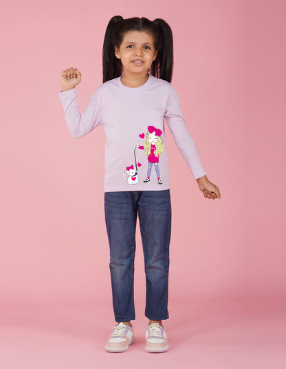NUSYL Cotton blend full sleeves Cute Girl & Cute cat  Printed Tee-Lilac