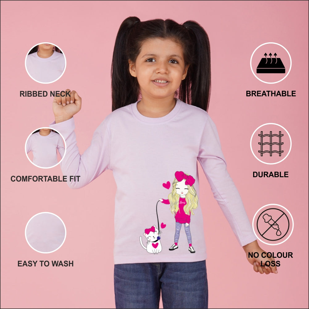 NUSYL Cotton blend full sleeves Cute Girl & Cute cat  Printed Tee-Lilac