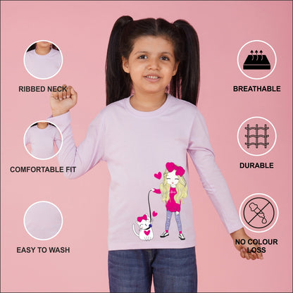 NUSYL Cotton blend full sleeves Cute Girl & Cute cat  Printed Tee-Lilac