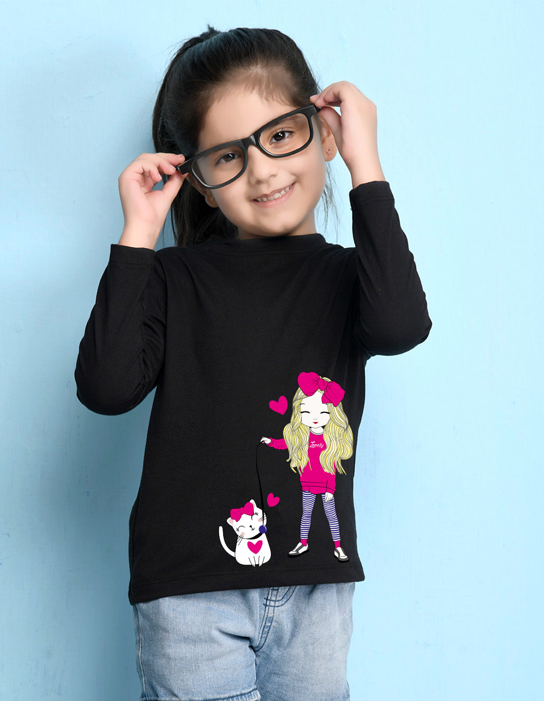 NUSYL Cotton blend full sleeves Cute Girl & Cute cat  Printed Tee-Black