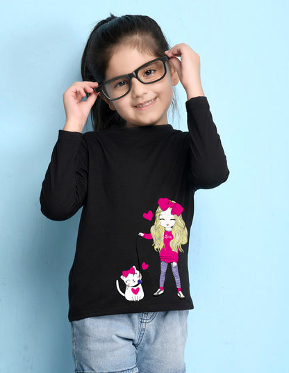 NUSYL Cotton blend full sleeves Cute Girl & Cute cat  Printed Tee-Black