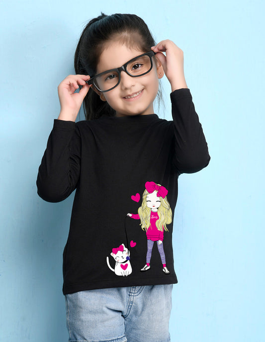 NUSYL Cotton blend full sleeves Cute Girl & Cute cat  Printed Tee-Black