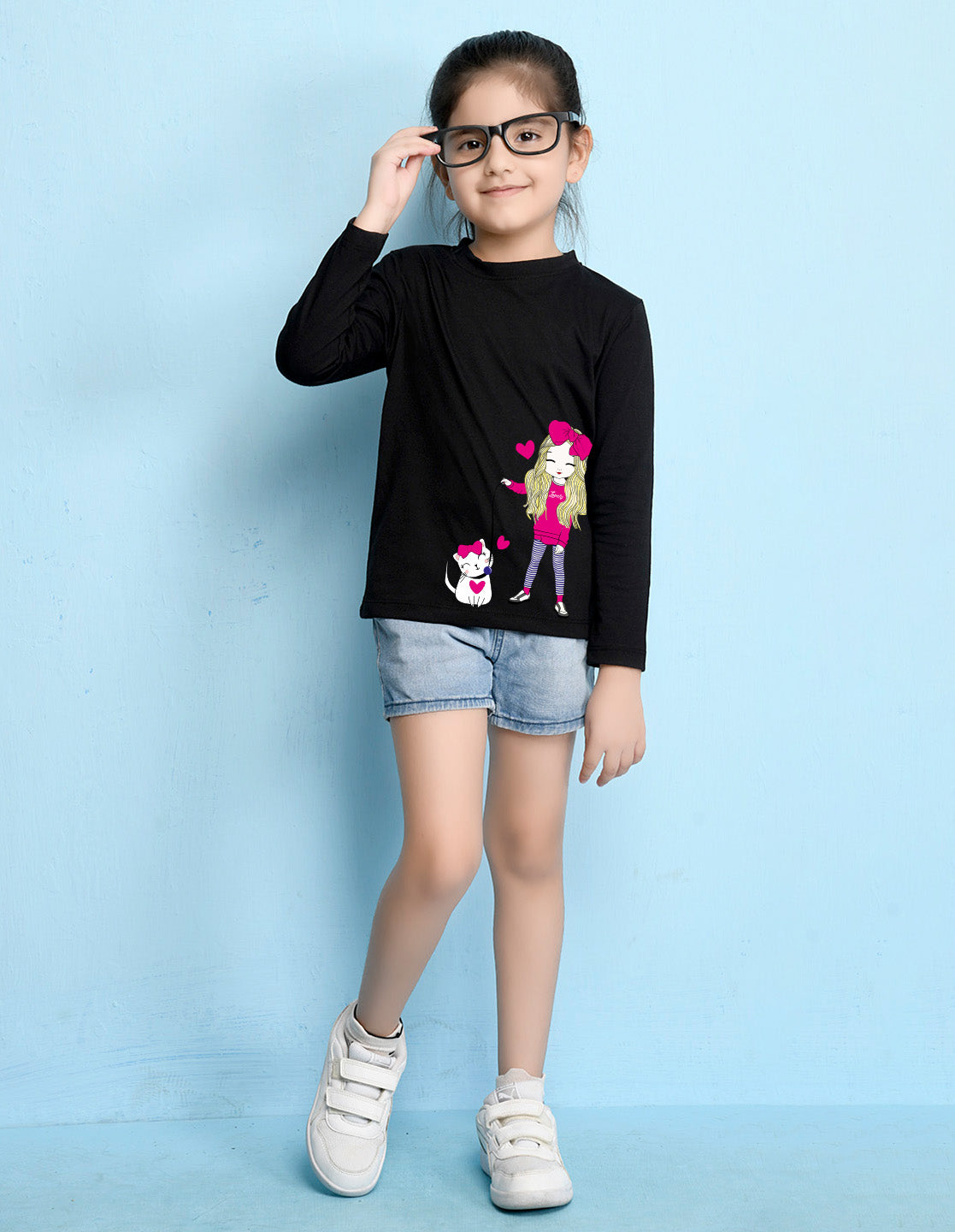 NUSYL Cotton blend full sleeves Cute Girl & Cute cat  Printed Tee-Black