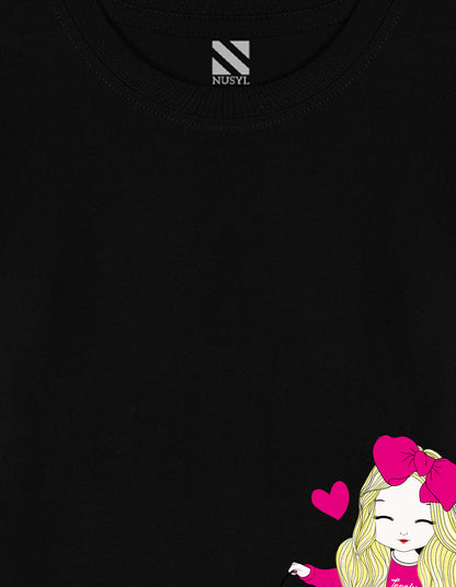 NUSYL Cotton blend full sleeves Cute Girl & Cute cat  Printed Tee-Black