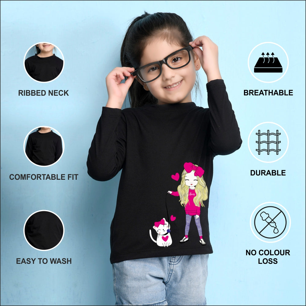 NUSYL Cotton blend full sleeves Cute Girl & Cute cat  Printed Tee-Black
