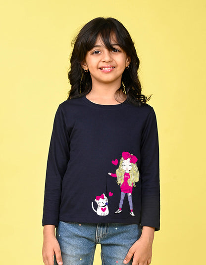 NUSYL Cotton blend full sleeves Cute Girl & Cute cat  Printed Tee-Navy Blue