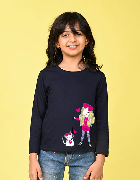 NUSYL Cotton blend full sleeves Cute Girl & Cute cat  Printed Tee-Navy Blue