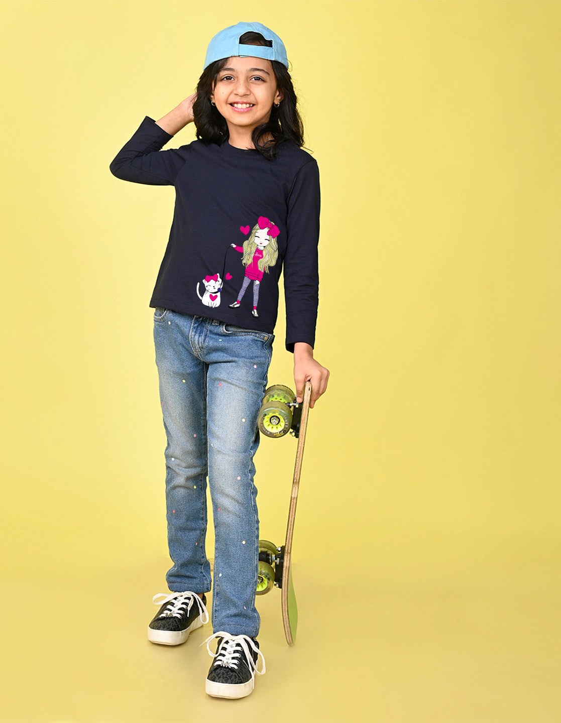 NUSYL Cotton blend full sleeves Cute Girl & Cute cat  Printed Tee-Navy Blue
