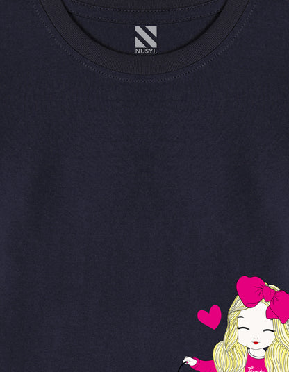 NUSYL Cotton blend full sleeves Cute Girl & Cute cat  Printed Tee-Navy Blue