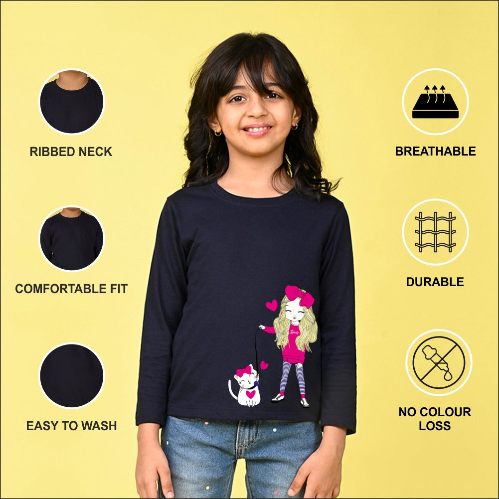 NUSYL Cotton blend full sleeves Cute Girl & Cute cat  Printed Tee-Navy Blue
