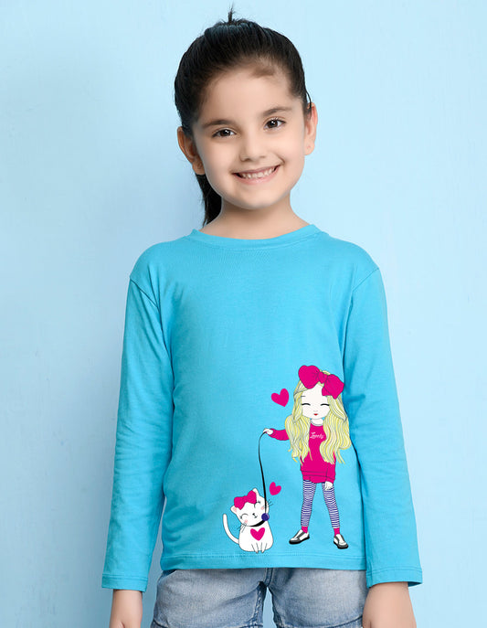NUSYL Cotton blend full sleeves Cute Girl & Cute cat  Printed Tee-Sky Blue