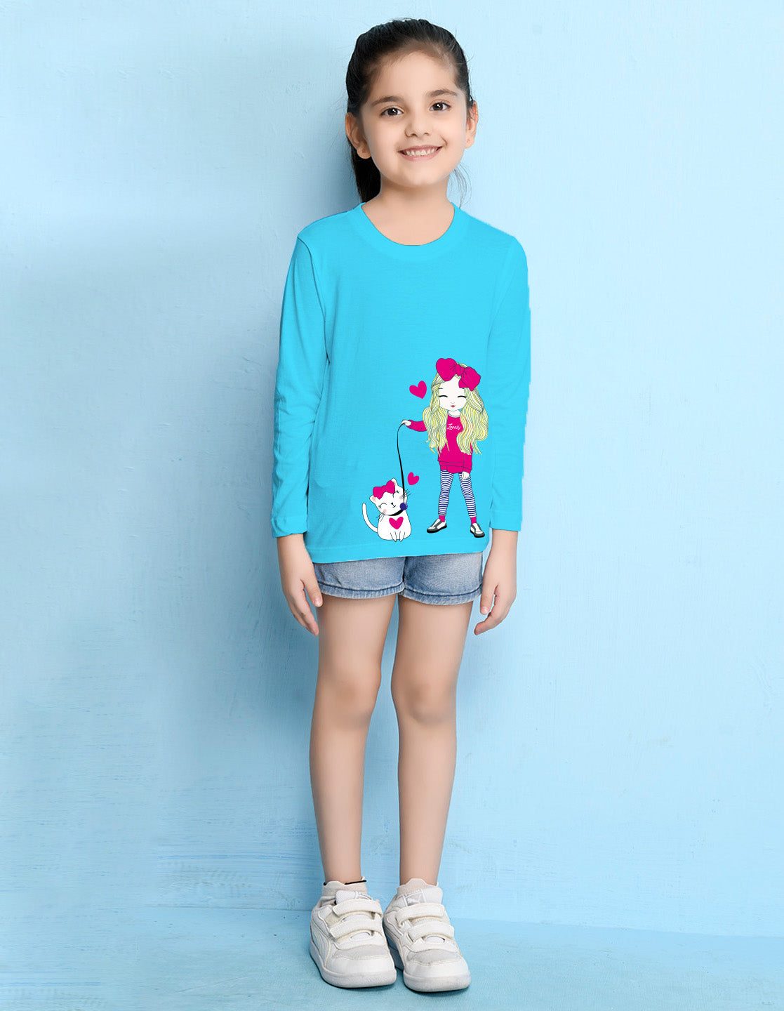 NUSYL Cotton blend full sleeves Cute Girl & Cute cat  Printed Tee-Sky Blue