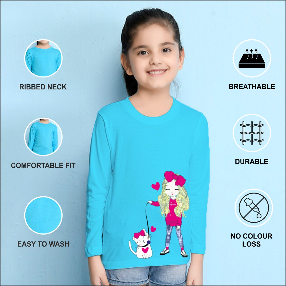 NUSYL Cotton blend full sleeves Cute Girl & Cute cat  Printed Tee-Sky Blue