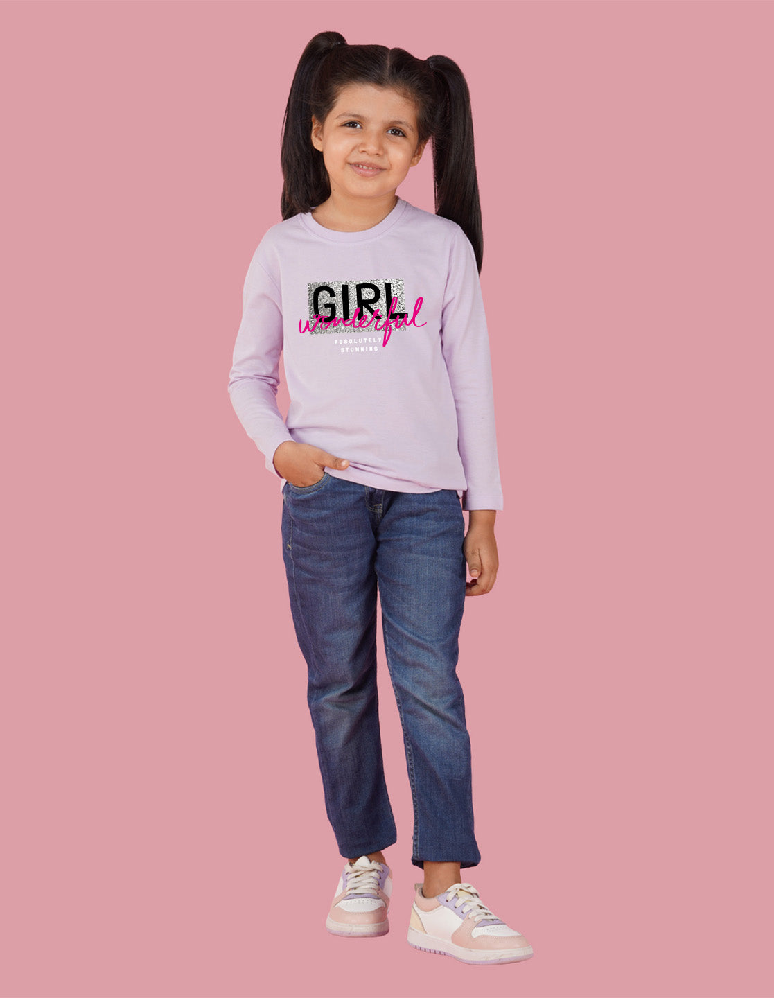 NUSYL Cotton blend full sleeves  Wonderful girl text Printed Tee-Lilac